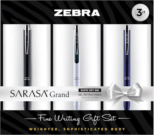 Zebra Pen SARASA Grand Retractable Gel Pen Gift Set, White/Black/Navy Brass Barrel, .7mm Medium Point, Rapid Dry Black Ink, Ideal for the Left Handed, Elimates Smudging and Smearing in Seconds (45373)