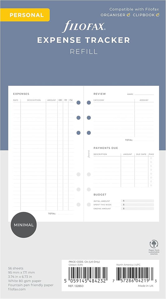 Filofax Lifestyle Refill, Personal Size, Organizer Refill, White Paper, Expense Tracker, 56 Sheets (B132850)