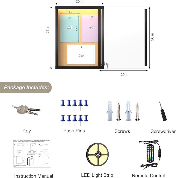 26"X20" Enclosed Bulletin Board with LED Lights, Tamper-Proof Wall Display Case,Outdoor IP65 Waterproof Lockable Cork Bulletin Board for Office, School, Restaurants,Black Frame
