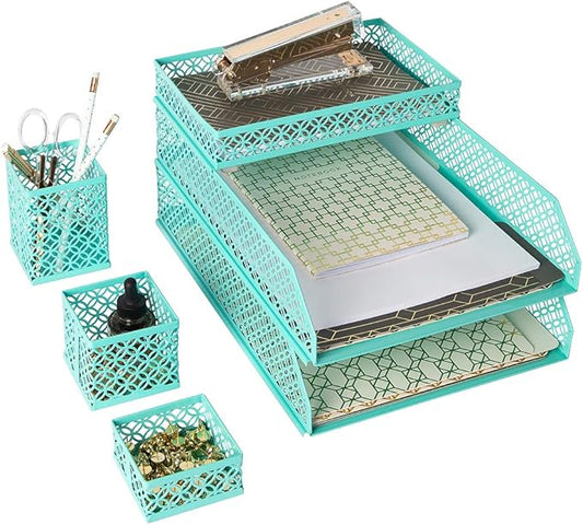 BLU MONACO | Aqua Desk Organizer Set for Women 6 Piece | Mail Sorter Organizer Countertop with Letter Sorter for Desk | Standing File Organizer with Mesh Pen Holders