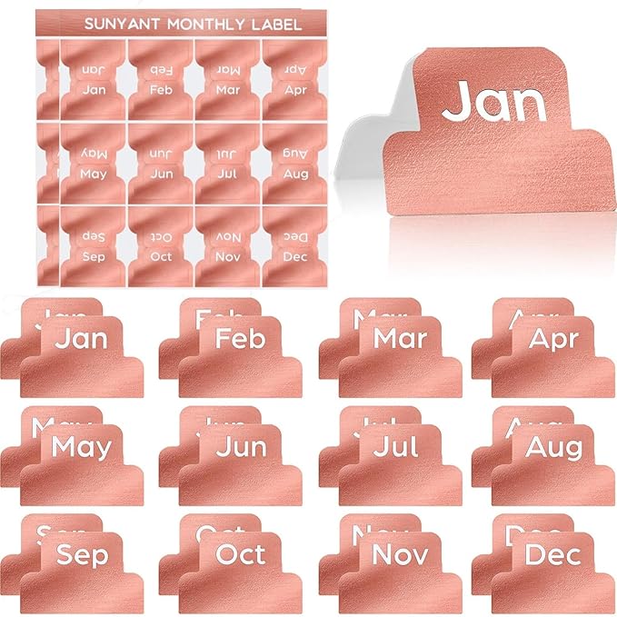 Outus 24 Pieces Monthly Adhesive Tabs for Planner - Designer Accessories Monthly Tabs Stickers Decorative for Office Planners Organizations Sturdy Notebook Planners Journal(Rose Gold)