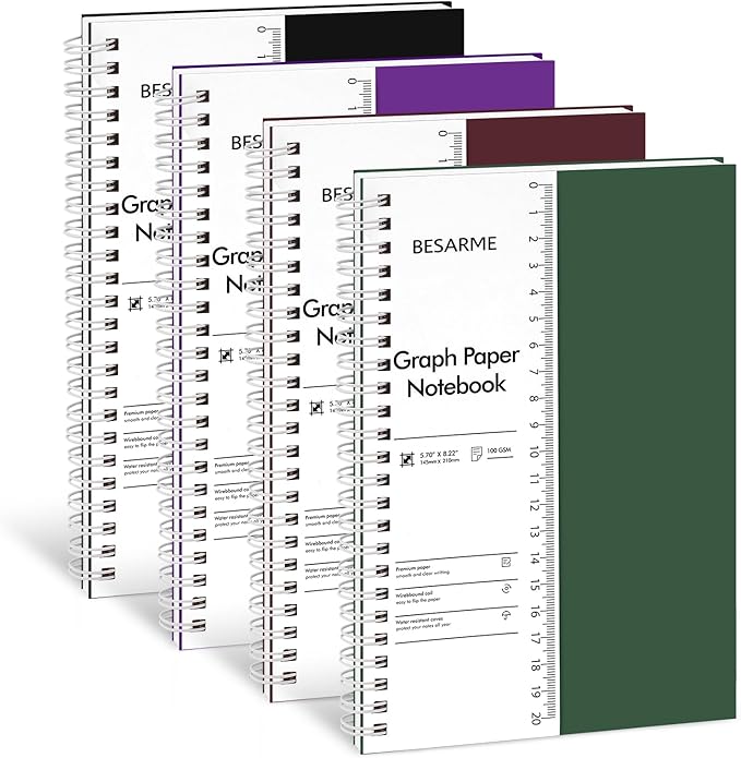 BESARME 4 Pack Graph Paper Notebook A5 Grid Paper Notebooks Waterproof Plastic Graphing Spiral Journal 5.7" x 8.22" Engineering Notebooks for Work School Supplies, 640 Pages 100 GSM