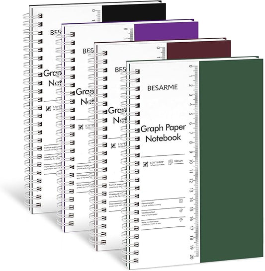 BESARME 4 Pack Graph Paper Notebook A5 Grid Paper Notebooks Waterproof Plastic Graphing Spiral Journal 5.7" x 8.22" Engineering Notebooks for Work School Supplies, 640 Pages 100 GSM