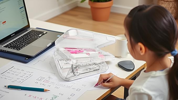 9-piece set back-to-school kit , packed in a reusable plastic box,two triangles, a protractor, a 15-centimeter ruler, a compass, a mechanical pencil with extra lead, and an eraser.