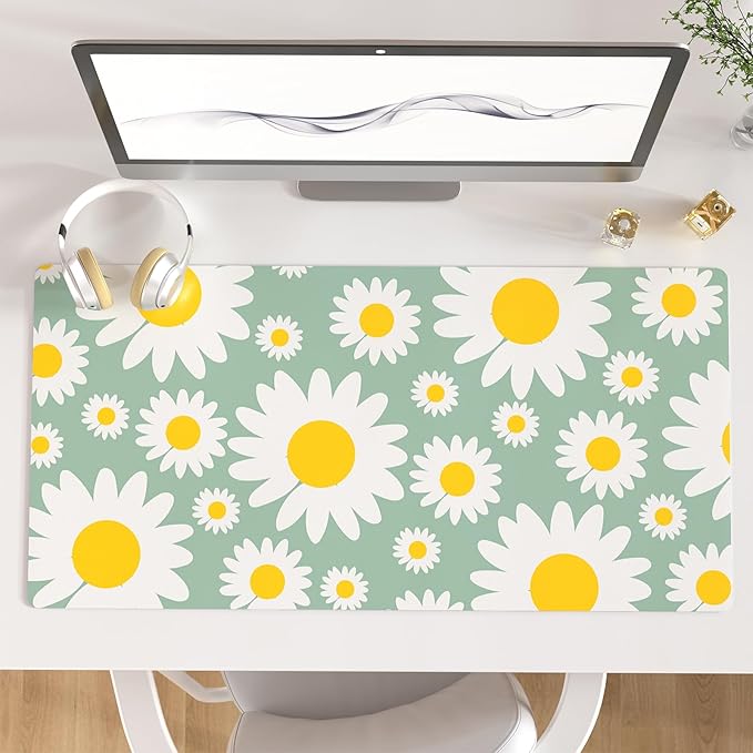 QIYI Large Mouse Pad, Extended Desk Mat for Desktop, PU Leather Waterproof Gaming Mousepad, Computer Desk Accessories Protector Writing Pads for School Office Home 31.5" x 15.7" - Sunny Daisies