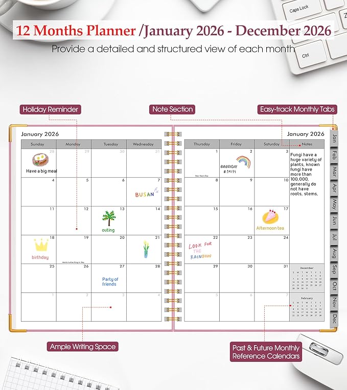2026 Planner, Weekly and Monthly Calendar Planner from January 2026 - December 2026, 8.5" x 11" Hardcover Leather Hourly Appointment Book with Tabs, Spiral Daily Planners for College School Work Home, Light Pink