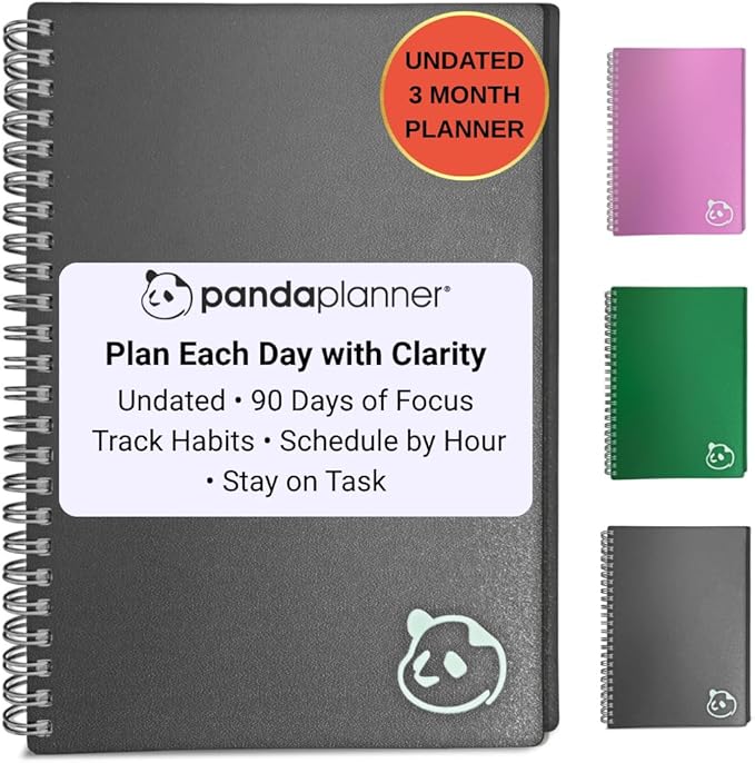 Panda Planner 2026 Undated Daily Planner 5.75" x 8.25" – 90-Day Spiral Academic & Productivity Planner with Hourly Schedule, Habit Tracker, To-Do List & Monthly Calendar – ADHD-Friendly Panda Journal (Gray)