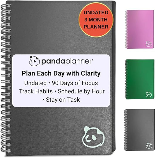 Panda Planner 2026 Undated Daily Planner 5.75" x 8.25" – 90-Day Spiral Academic & Productivity Planner with Hourly Schedule, Habit Tracker, To-Do List & Monthly Calendar – ADHD-Friendly Panda Journal (Gray)