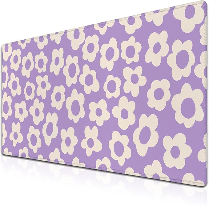 Gaming Mousepad Purple Girl Boss Office Decor Desktop Mats Desk Stuff for Woman Large Mouse Pad XXL Mats Non-Slip Rubber Base 35.4" X 15.7" for Game Office, Vintage Groovy Flowers