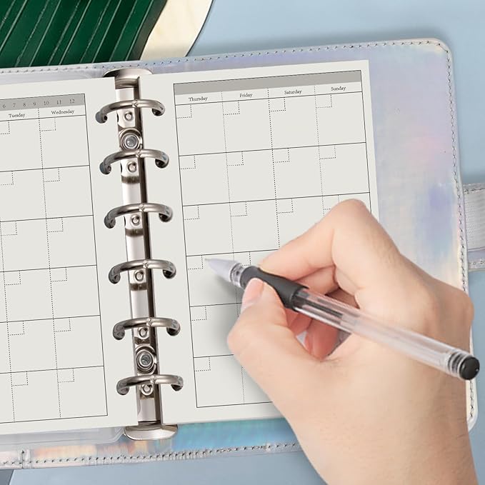 Harphia A7 6 Holes Binder Refill Value Set, 90sheets monthly plan loose leaf paper with stickers and dividers, planner insert with binder pockets for A7 binder 6 holes refillable notebook,005dA7month