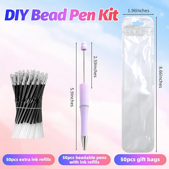 150 Pieces DIY Beadable Pen Kit – 50 Plastic Ballpoint Pens with Refills & Bags – School Supplies, Office Accessories & Decorative Items for Students & Teachers (Pastel)