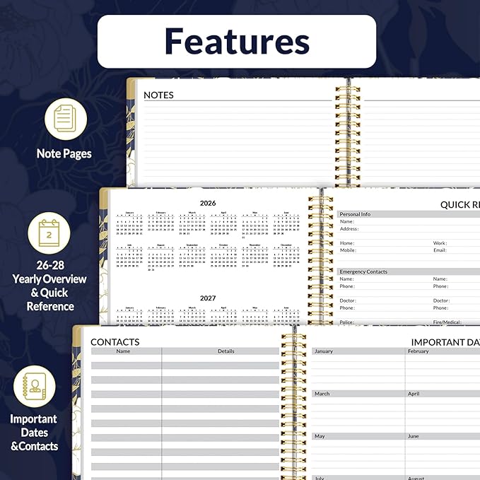 SUNEE 2026 Weekly and Monthly Planner - from January 2026 - December 2026, Daily Agenda Planner with Monthly Tab, Flexible Cover, Note Pages, Pockets, Bookmark, Spiral Binding, Vintage Floral, 6.4" x 8.3"