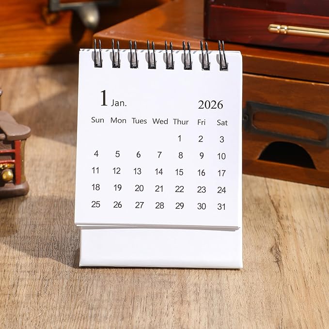 Mini Desk Calendar 2026 - Small Desk Calendar Runs January 2026 to June 2027, Monthly Calendar 250gsm Thick Paper Twin-Wire Binding with Stickers for Home Office School (Mini white)