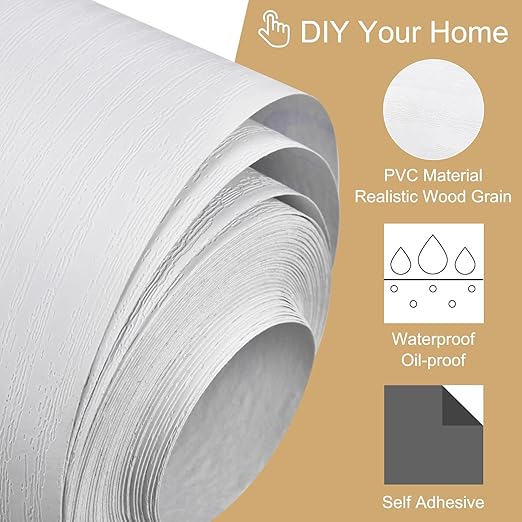 uxcell Wood Grain Tape, 4.72" x33 Ft Wall Paper Border Sticker Self-Adhesive Wood Grain Repair Patch with Scraper for Wall Corner Table Door Sofa Furniture Home Decor (White)