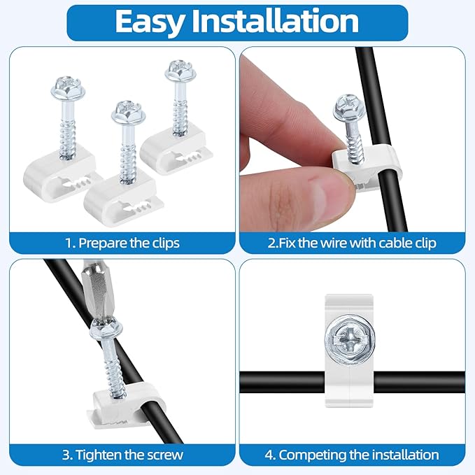 White Cable Clips with Inserted Screws, Flexible Single Cable Screw Clips, Electrical Wire Fastener, 50 PCS