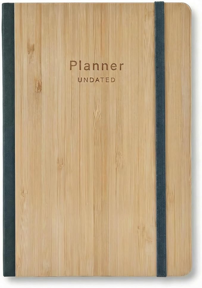 Bamboo Cover Undated Portable Planner Notebook – Daily, Weekly & Monthly Organizer, Lay-Flat A5 (5.7” × 8.3”), 100 GSM Paper, 160 Pages, 4-Month Layout (Green)