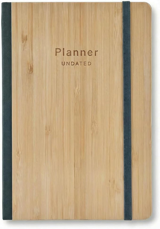 Bamboo Cover Undated Portable Planner Notebook – Daily, Weekly & Monthly Organizer, Lay-Flat A5 (5.7” × 8.3”), 100 GSM Paper, 160 Pages, 4-Month Layout (Green)