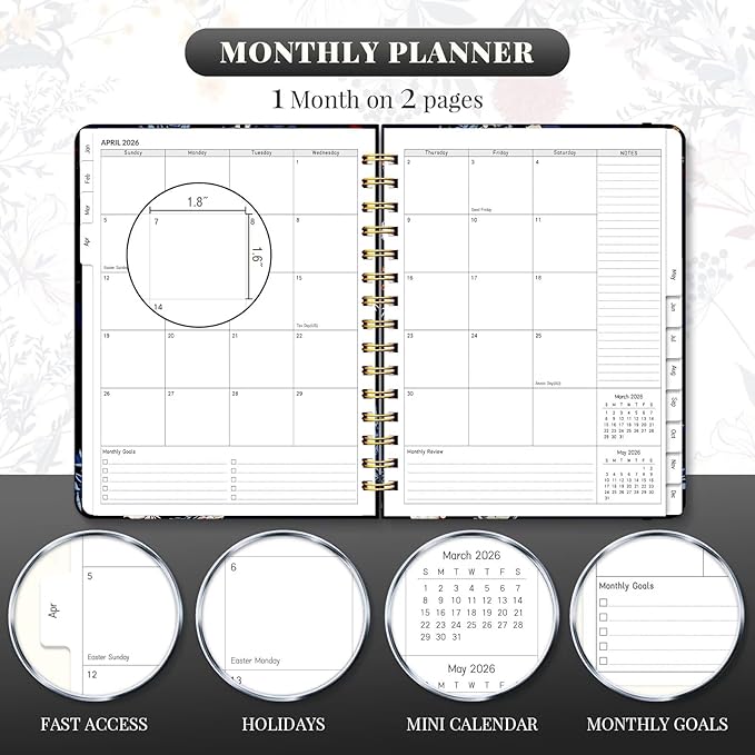2026 Planner 8.5 x 11, Large Weekly and Monthly Planners with Tabs, A4 Spiral Bound Daily Calendar 2026 Planner, 12 Month Agenda Organizers from Jan. to Dec.(Black Bloss)