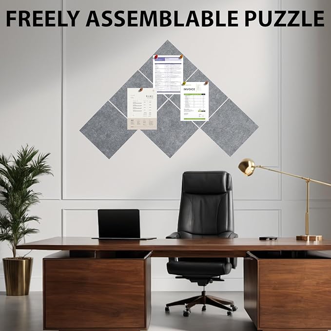 Large Cork Board for Walls 48"x36",12 Pack Felt Wall Tiles with 60 Pushpins,50 Safe Removable Adhesive Tabs,10 Hooks and Clips, Felt Bulletin Board Pin Board Tack Board for Office -Silver Gray