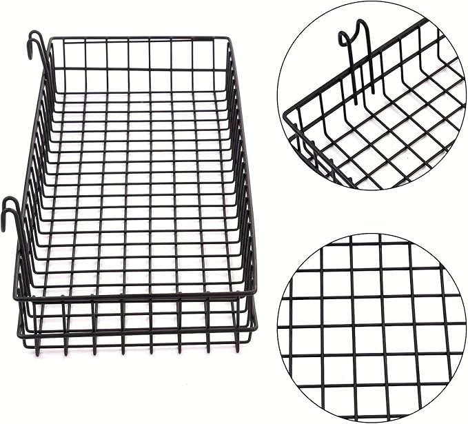 4 Pack 15.75 x 6 x 2.36 Inch Metal Grid Wall Baskets with Hooks, Hanging Wire Grid Basket, Multi-Function Wall Mounted Organizer for Kitchen Organizing Display, Black