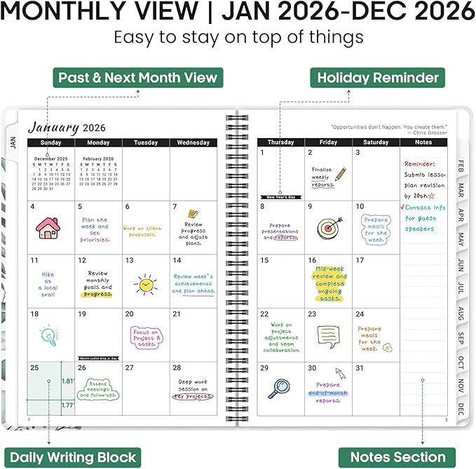 2026 Planner, Weekly and Monthly Calendar Planner Book, January 2026 - December 2026, Hardcover Spiral Planner with Monthly Tabs, Notes Pages, Perfect for Women & Men, A4 (8.5" x 11") - Leaf