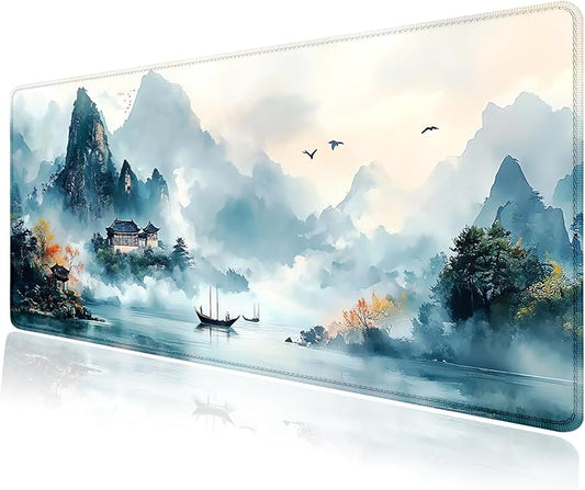 Japanese Mountain Landscape Painting Large Mouse Pad, Desk Mat Computer Keyboard Pad Non-Slip Rubber Base Waterproof with Stitched Edges for Laptop Gaming, Office & Home 31.5 x 11.8 Inch