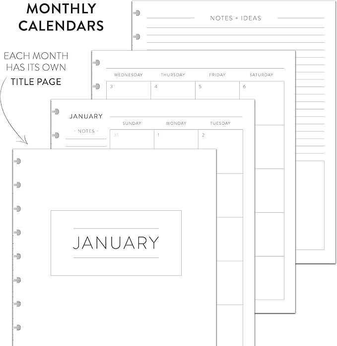 BetterNote 2026 Monthly Calendar Refill Fits Disc Notebooks, Fits Happy Planner, Levenger Circa, Arc Staples, TUL Office Depot, InkWell Press (Modern, 8-Disc, 5.5"x8.5")