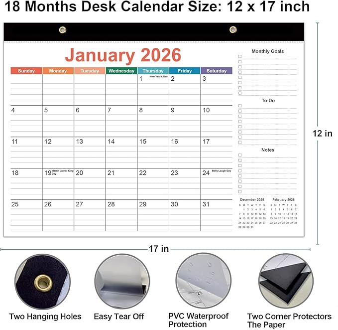 2026 Desk Calendar - 18 Months Calendar from January 2026 to June 2027, Desk Calendar 2026-2027 with Thick Paper, 12" x 17", Colorful
