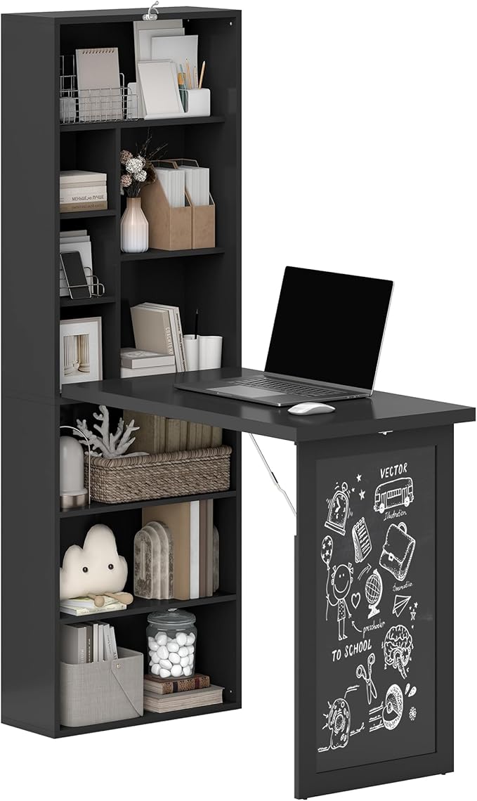 HOMCOM Fold-Out Convertible Writing Table, Computer Desk with Blackboard and Side Shelf Multi-Function Home Office Workstation, Black