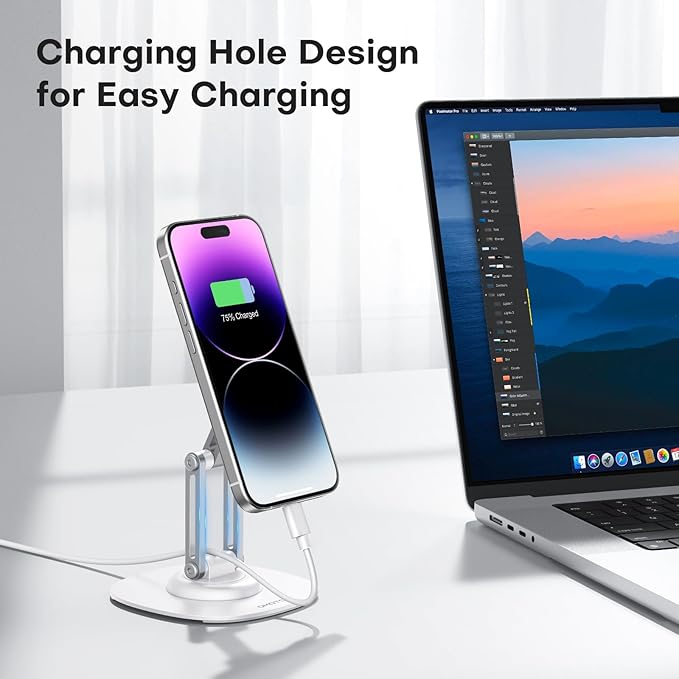 OMOTON 360°Rotating Magnetic Phone Stand for Desk, Adjustable Foldable Aluminum for MagSafe Cell Phone Stand Holder with Non-Slip Base, for iPhone 16/15/14/13 Pro Max (White)