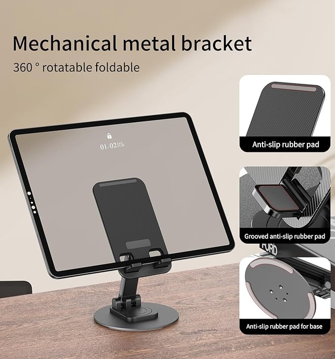 360° Degree Rotating Mobile Phone Holder,Fully Adjustable Foldable Desktop Phone Holder Stand Base,Foldable Desktop Cell Phone Stands for iPhone17 16 15 Pro Max Plus iPad Samsung (K39B-black)