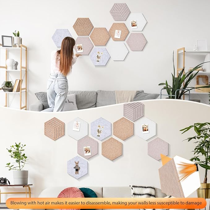 Hexagon Cork Board Tiles 10 Pack 12'' x 10'' Cork Bulletin Boards Tiles for Walls, Hexagon Small Cork Boards with 50 Wooden Push Pins, for Office Home Photos DIY Classroom Decor