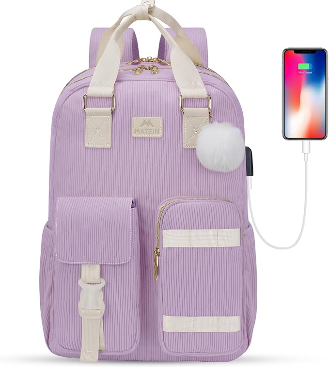 MATEIN Cute School Backpack for Teens Girls, 15.6 Inch Kawaii College Backpack Corduroy Computer Bookbag with USB Charging Port, TSA Lightweight Laptop Back Pack Aesthetic Preppy Kids Students, Purple