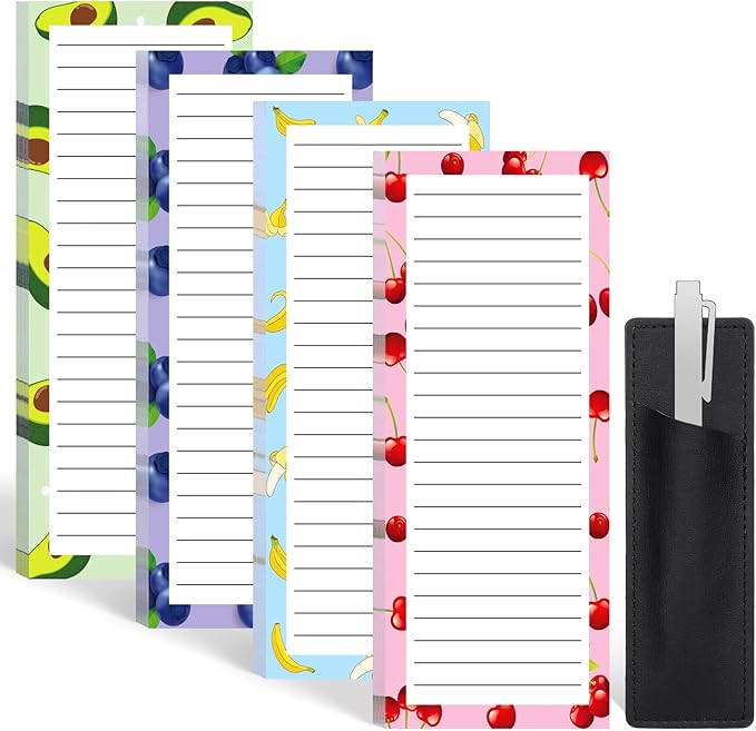 4 Pack Magnetic Note Pad for Fridge, Totally 200 Sheets Grocery List Magnet Pad for Refrigerator Magnetic Shopping List Pad with Pen Holder（Fruit Design）