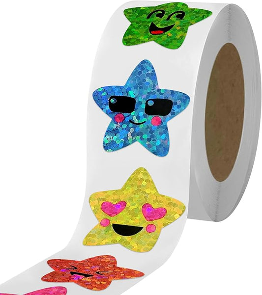 700Pcs Smiley Face Star Stickers for Kids Reward, 1inch 8 Colored Sparkly Foil Expression Stickers for Student Planner and School Classroom Teacher Supplies 3.15inch in Diameter per roll