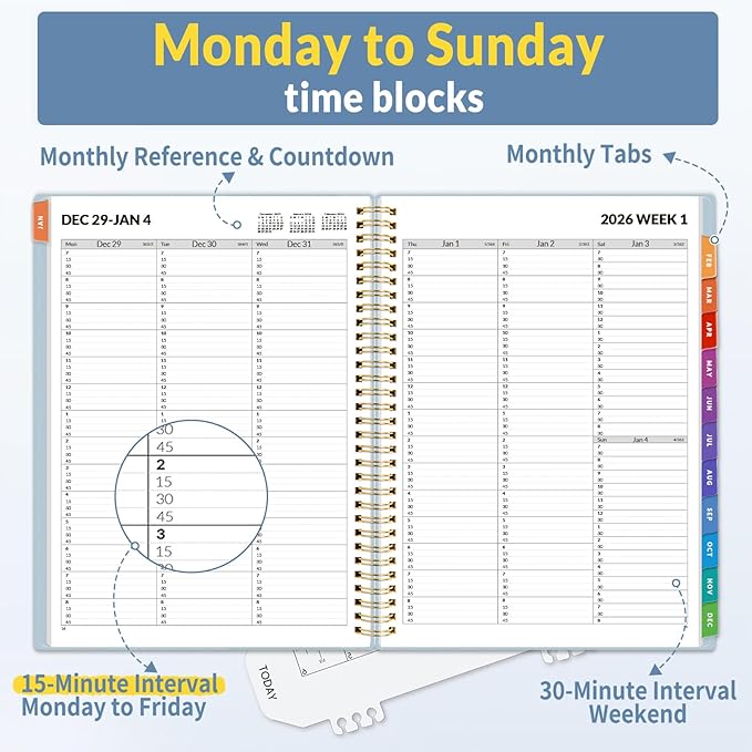 SUNEE 2026 Appointment Book, Quarter-Hourly, Weekly & Monthly - from January 2026 - December 2026, 8.5"x11" Weekly Planner, Flexible Cover, Note Pages, Pockets, Bookmark, Spiral Binding,