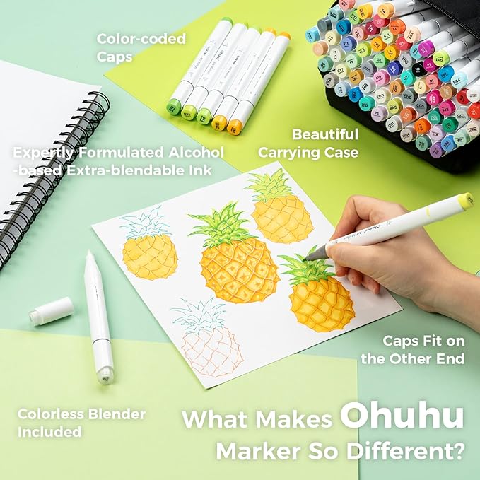 Ohuhu Alcohol Markers Brush Tip - AP Certificated Double Tipped Art Marker Set for Artist Adults Coloring Illustration- 72 Colors - Refillable - Fine and Brush Dual Tips - Honolulu B of Ohuhu Markers