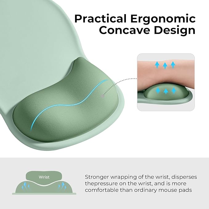 EooCoo Ergonomic Mouse Pad with Gel Wrist Rest Support Middle Concave Design, Relieve Wrist Pain Mousepad, Non-Slip Base for Laptop, Office Desk Accessories, Carpal Tunnel Syndrome-Light Green