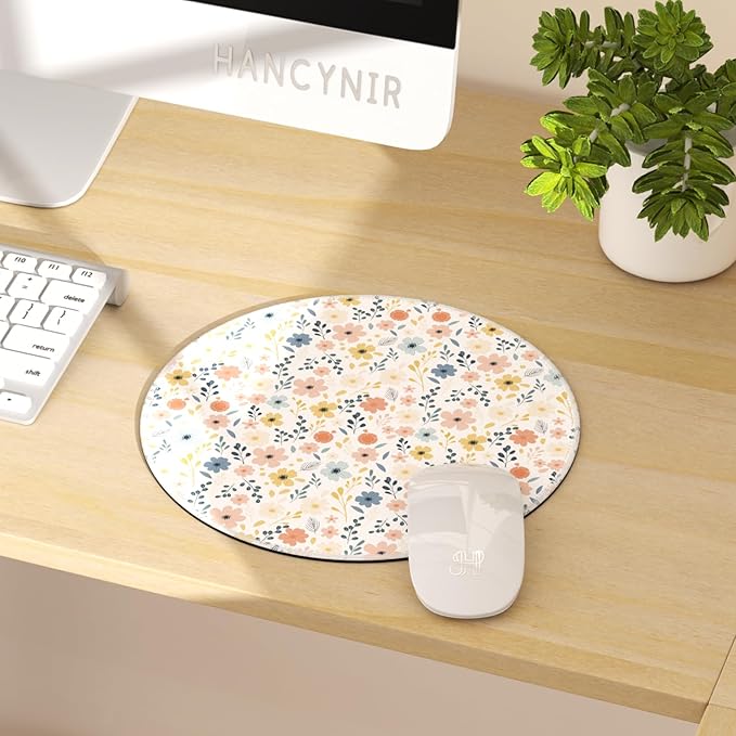 Mouse Pad for Desk, White Floral Flowers Small Cute Mousepad with Non-Slip Base, Round Mouse Pads for Wireless Mouse Laptop Gaming, Computer Mouse Mat for Home Office Travel Desk Accessories