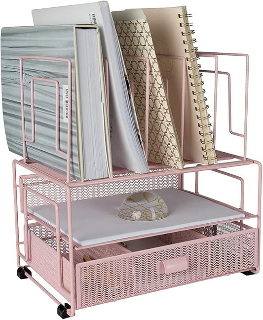 BLU MONACO | Pink Desk Organizer with Drawer | Wire Mesh Desk Organizer File Sorter | Metal Desktop Storage for Office Workspace