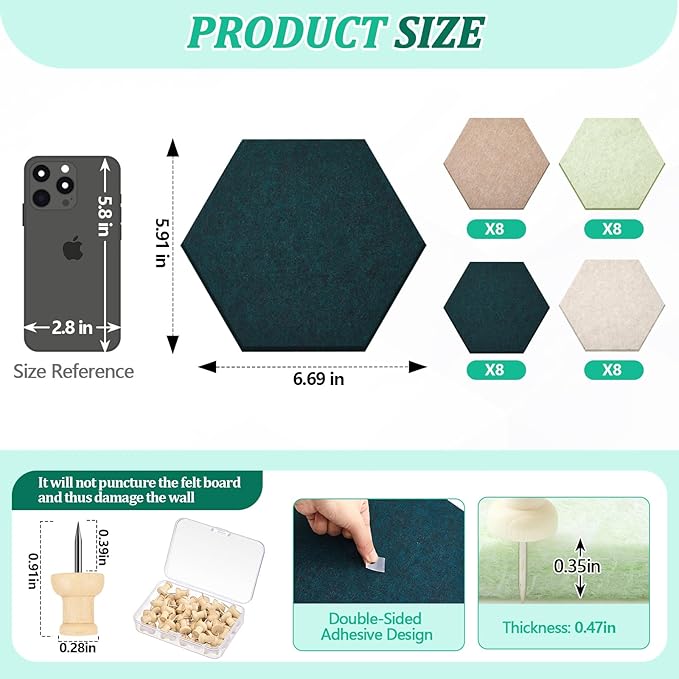 32 Pcs 6'' x 7'' Hexagon Felt Cork Board Tiles with 50 Wooden Push Pins, Felt DIY Bulletin Board with 4 Tape for Office School Home Wall Decor Stickers Memos Photos Display
