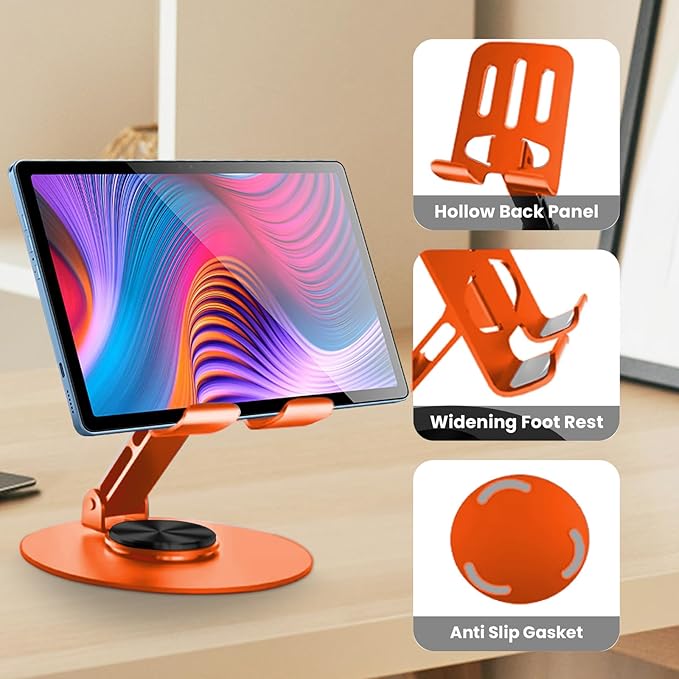 Universal Metal Cell Phone Stand, Multi-Angel Adjustable 360° Rotation Non-Slip Metal Phone Stand Compatible with iPhone 17 16 Pro Max and All Smartphones (Orange&Orange)