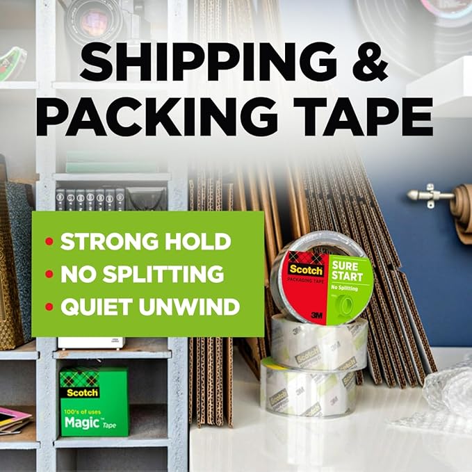 Scotch Sure Start Shipping Packaging Tape, 1.88" x 54.6 yd, Designed for Packing, Shipping and Mailing, Quiet Unwind, No Splitting or Tearing, 3" Core, Clear, 1 Roll (345)