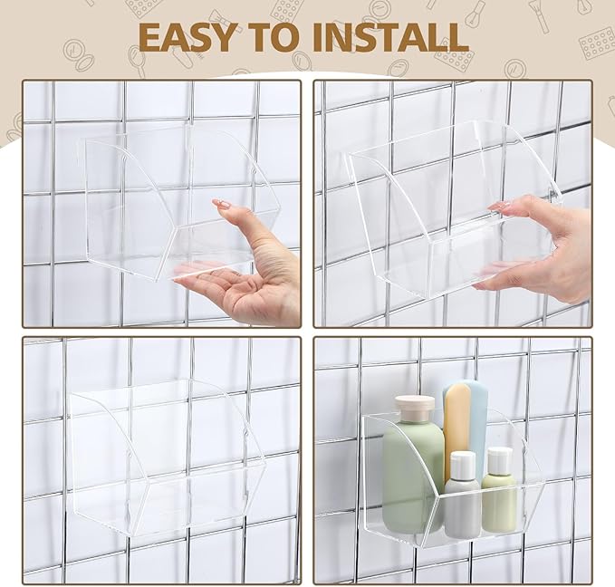 4 Pack Gridwall Baskets Hanging Gridwall Clear Acrylic Grid Wall Panels Bins Applicable to 3-inch Grid Board for Organizing Storage Display Kitchen Home Office Garage Bathroom (Simple Style)