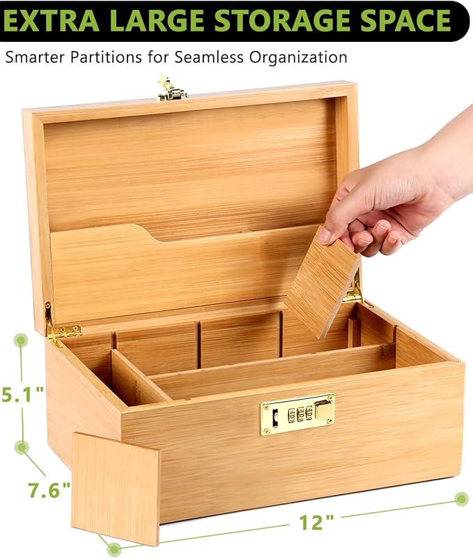 OZCHIN Large Bamboo Box with Combination Lock Decorative box for Home Great Gift Choice Storage Lockbox with Storage Jar, Christmas Gifts for Men Women