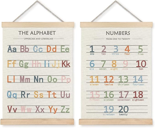 LUVADIAN Playroom Decor Alphabet Poster - Alphabet Numbers Educational Poster Hanger Frame Set of 2, Toddler Learning Posters for Nursery Kids Room Playroom Classroom Decor, 12x16 Inches