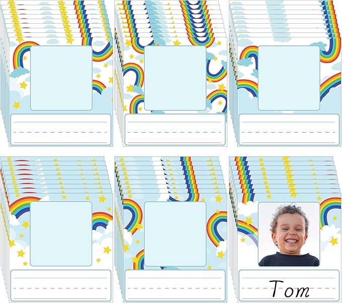 48 Pcs Photo Nameplates for Desk Name Tags Labels Stickers with Photo Space Self-Adhesive Labels Bulletin Board Colorful Indoor Decoration for Desk Bins Cubbies Office Supplies (Rainbow)