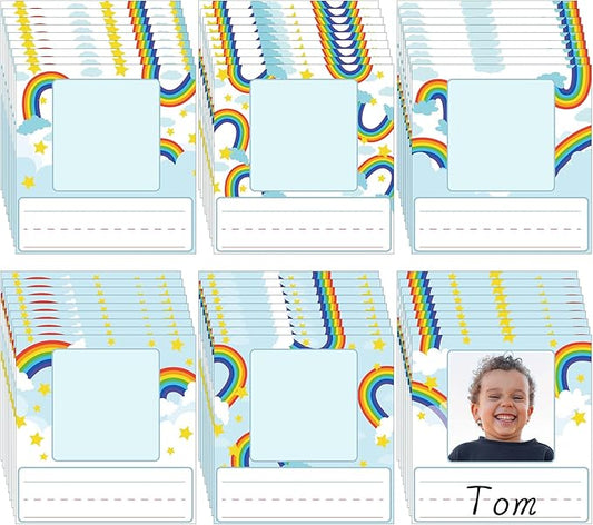 48 Pcs Photo Nameplates for Desk Name Tags Labels Stickers with Photo Space Self-Adhesive Labels Bulletin Board Colorful Indoor Decoration for Desk Bins Cubbies Office Supplies (Rainbow)