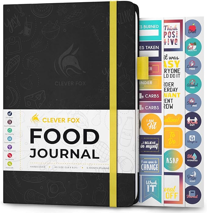 Clever Fox Food Journal - Daily Food Diary, Meal Planner to Track Calories & Nutrients, Weight Tracker Notebook, A5 (Black)