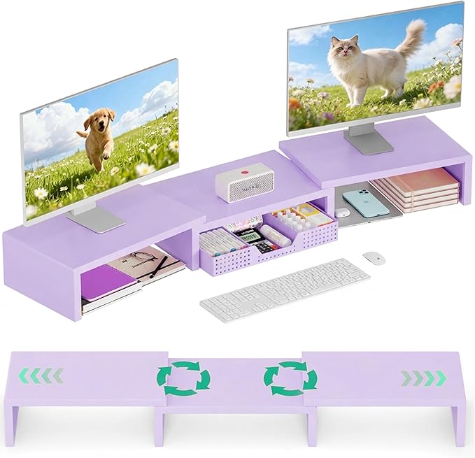 OPNICE Dual Computer Monitor Stand Riser with Drawer, Workspace Desk Organizer, Office Supplies Desk Accessories for Women, Purple